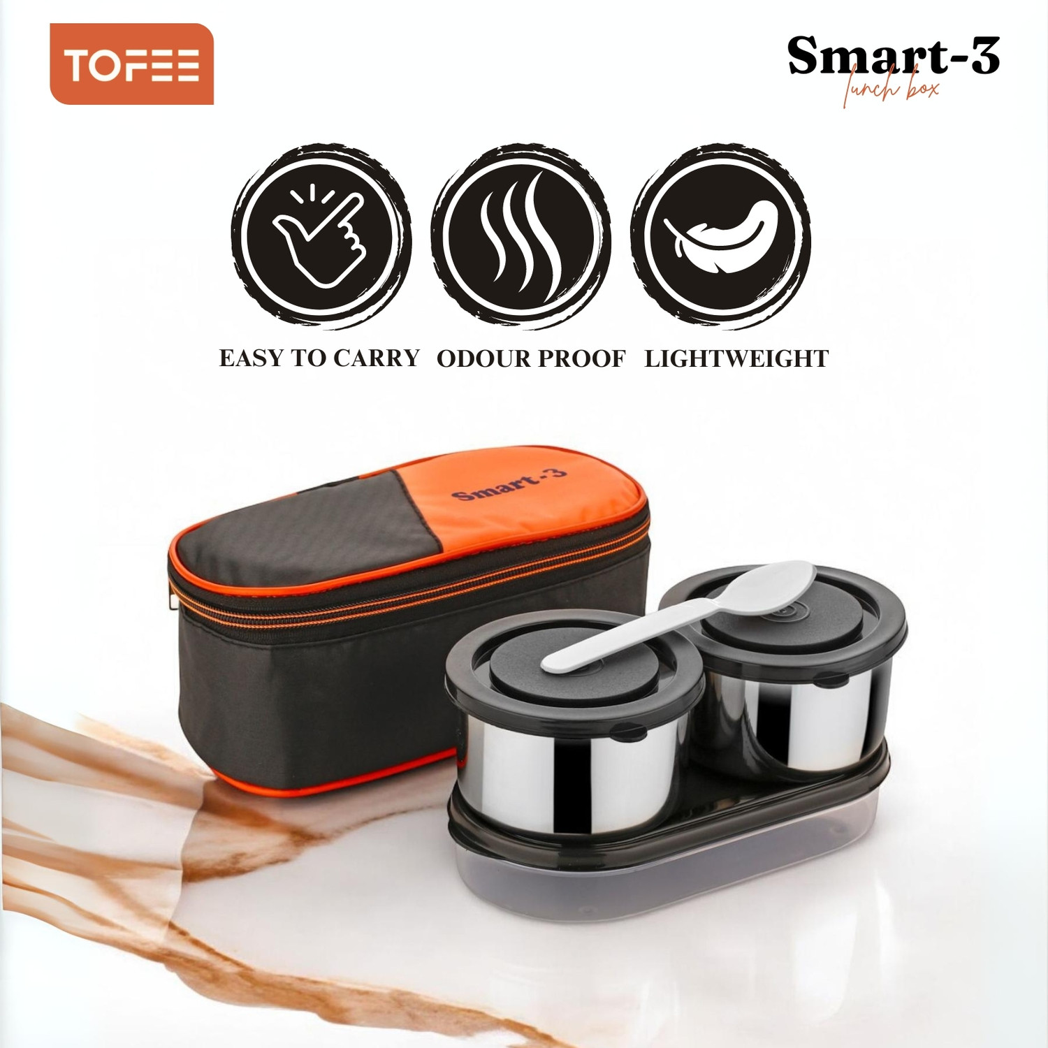 Image of TOFEE SMART-3 2 Inner Steel Containers with 1 plastic container 3 Containers Stainless Steel College Lunch Box