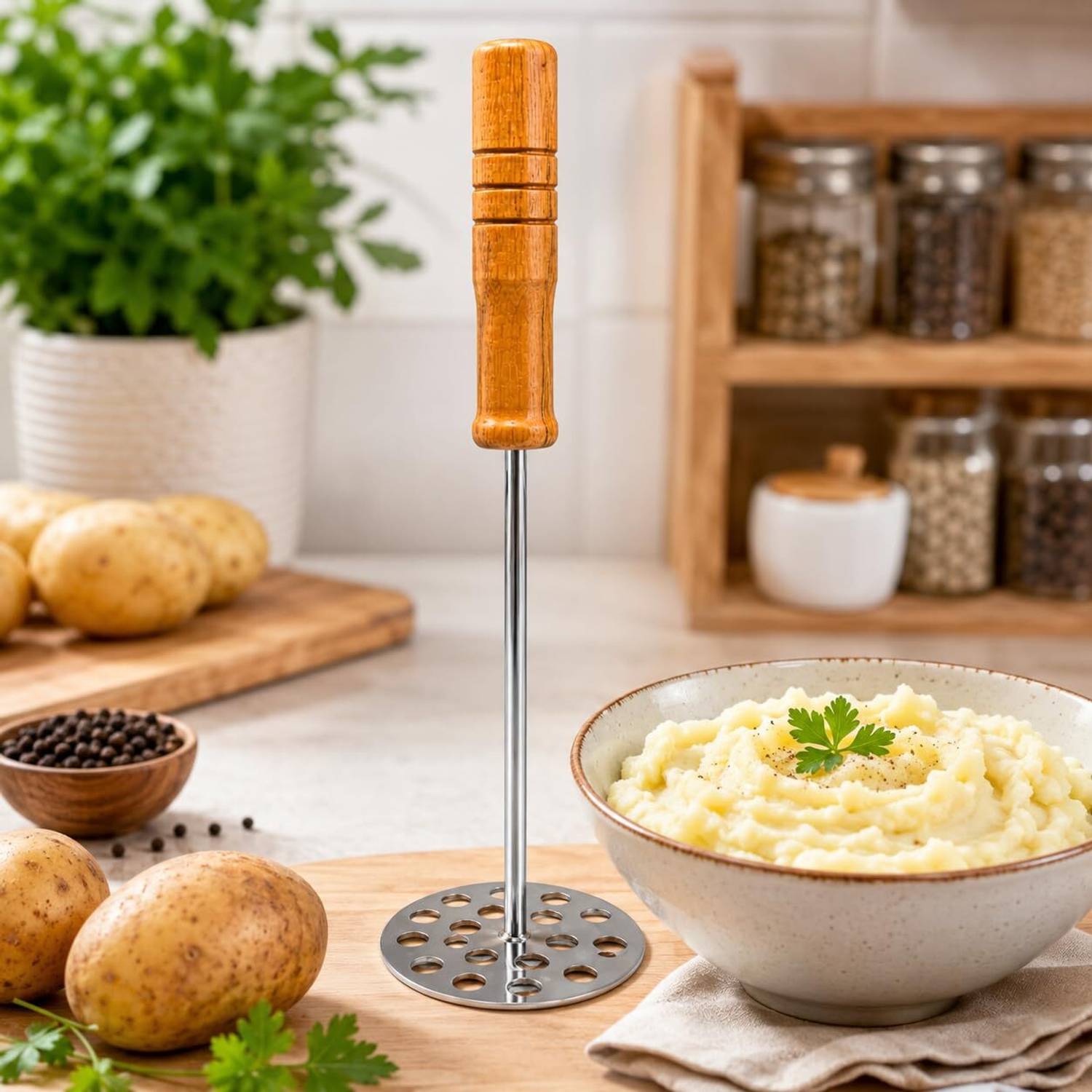 Biltoxi Vegetable/Potato/Pav Bhaji Masher with Wooden Handle, Steel Masher