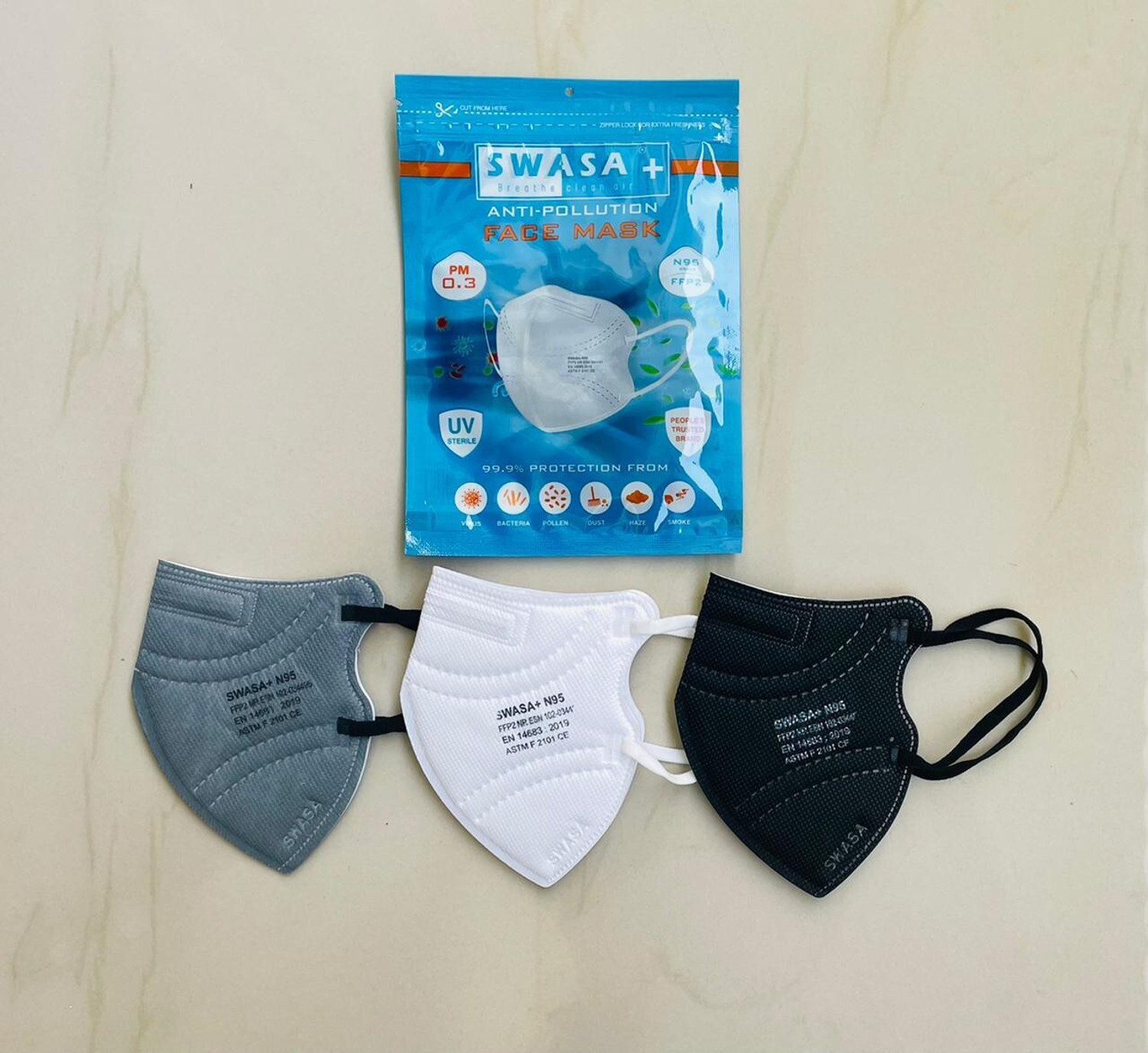 Image of SWASA SWASA+ N-95 /FFP2 COMBO PACK: Grey Black White PLUSCPM0.3 Reusable