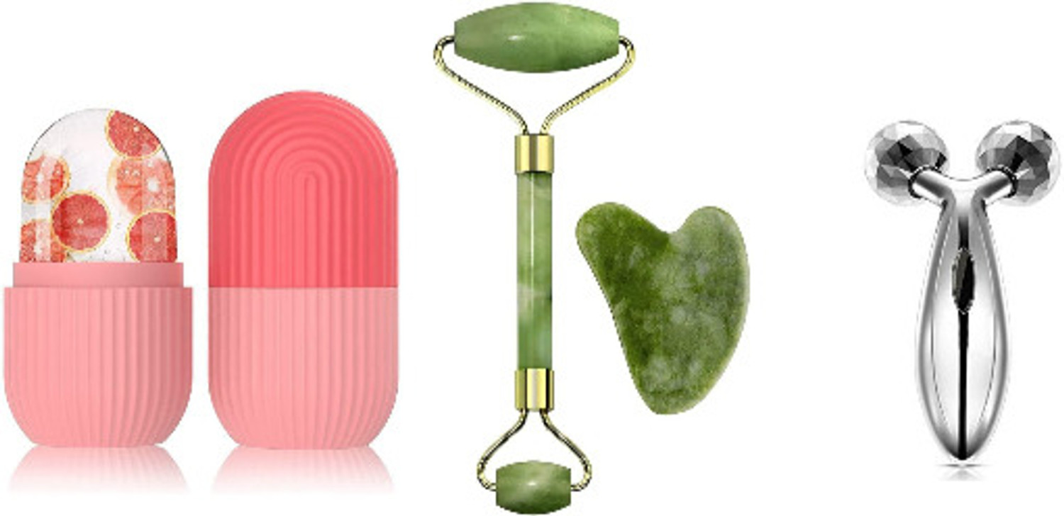 Image of R FASHION Ice Roller,Face Stone Roller with Gua Sha Jade Roller and 3D Massager Roller Set Facial Combo For Skin Eye Body Ice Cube Roller Women Men Massager (Multicolor)
