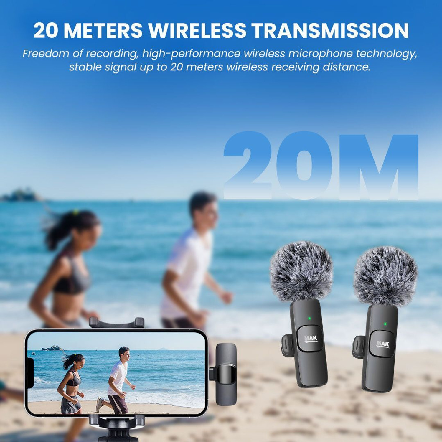 Image of MAK MK-09 Dual Wireless Mic with Furry Windshield & LED Selfie Stick Microphone