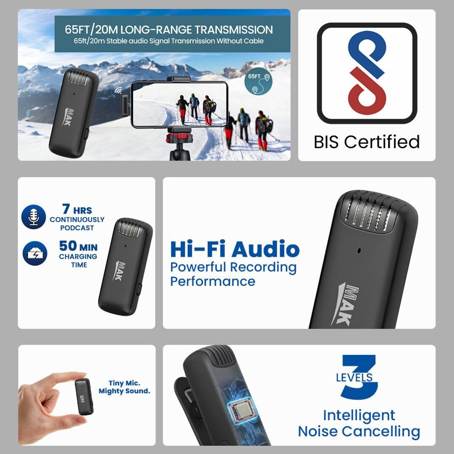 Image of MAK Wireless Mic with Active Noise Cancellation(ANC) for Vlogging For Type C /iPhone Microphone