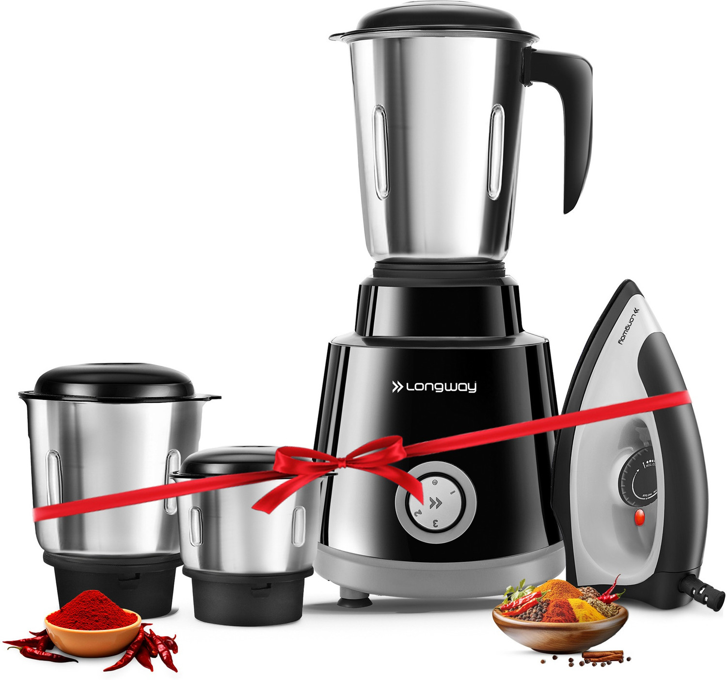 Image of Longway Roto-Max-3J-Iron Roto Max with Kwid 1100 Watt Dry Iron Combo 500 W Mixer Grinder (3 Jars, Black & Gray)