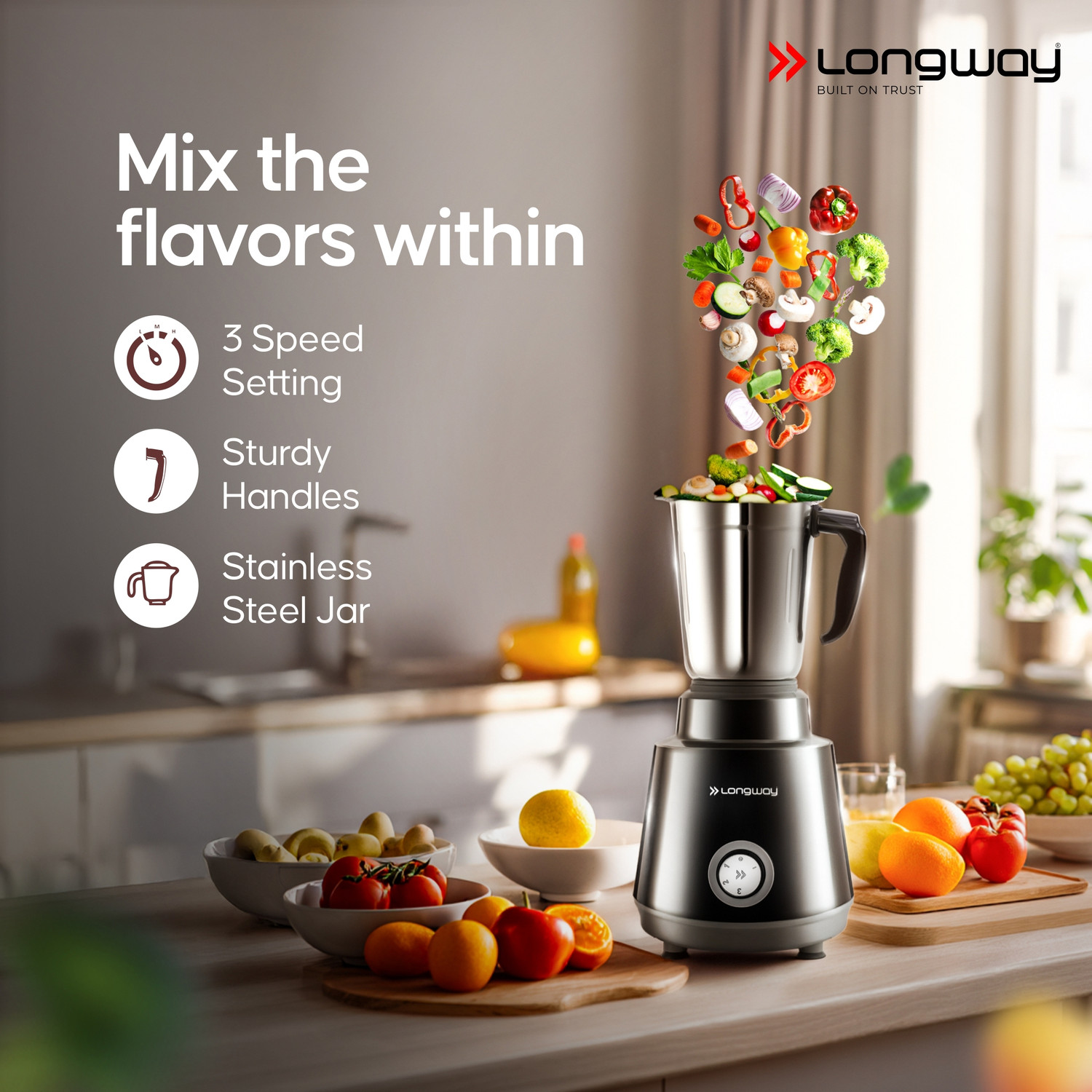 Image of Longway Roto-Max-3J-Iron Roto Max with Kwid 1100 Watt Dry Iron Combo 500 W Mixer Grinder (3 Jars, Black & Gray)