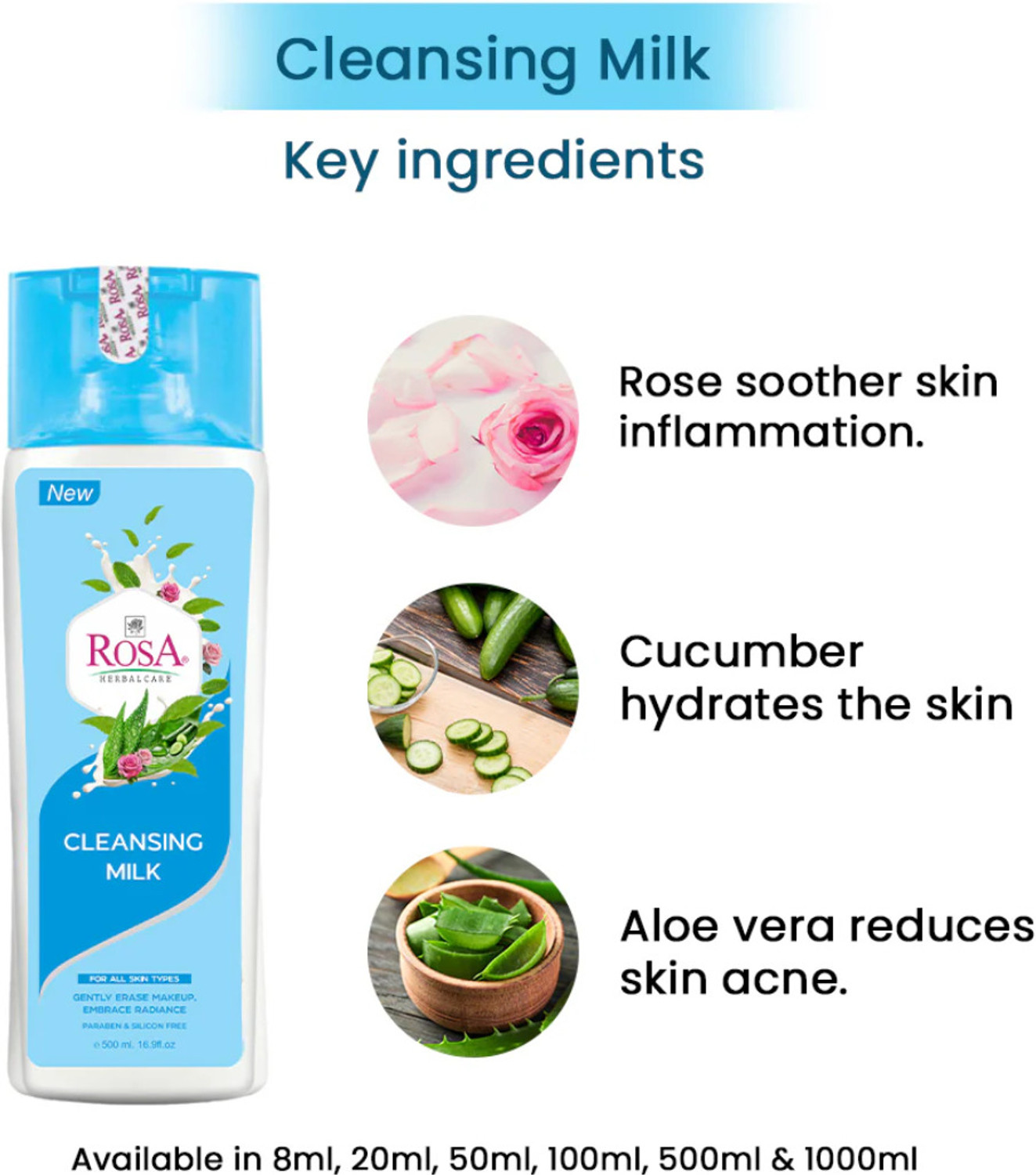 Image of ROSA Cleansing Milk with Rose & Cucumber l For Dirt, Make up Removal & Sensitive skin
