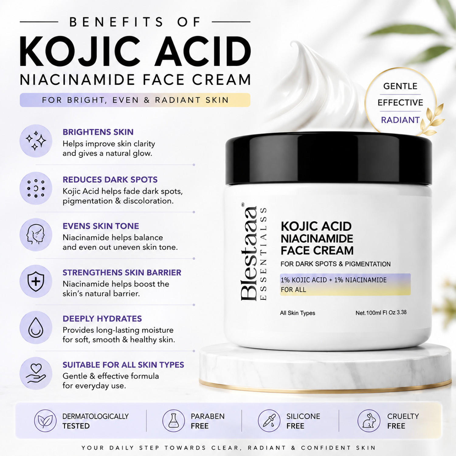 Image of blestaaa essentialss Kojic Acid Niacinamide Face Cream for Dark Spots, Pigmentation & Brighter Skin