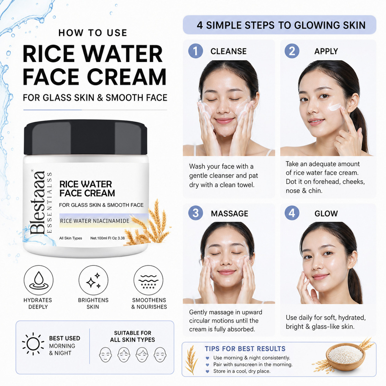 Image of blestaaa essentialss Rice Water Face Cream for Skin Whitening & Brightening