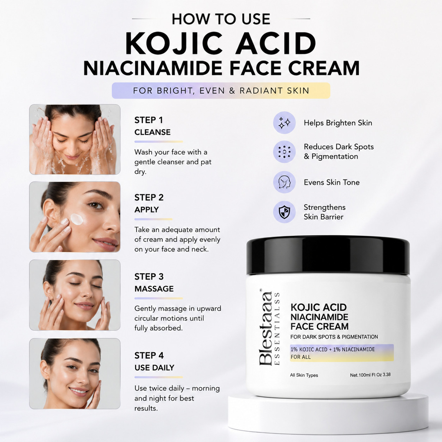 Image of blestaaa essentialss Kojic Acid Niacinamide Face Cream for Dark Spots, Pigmentation & Brighter Skin