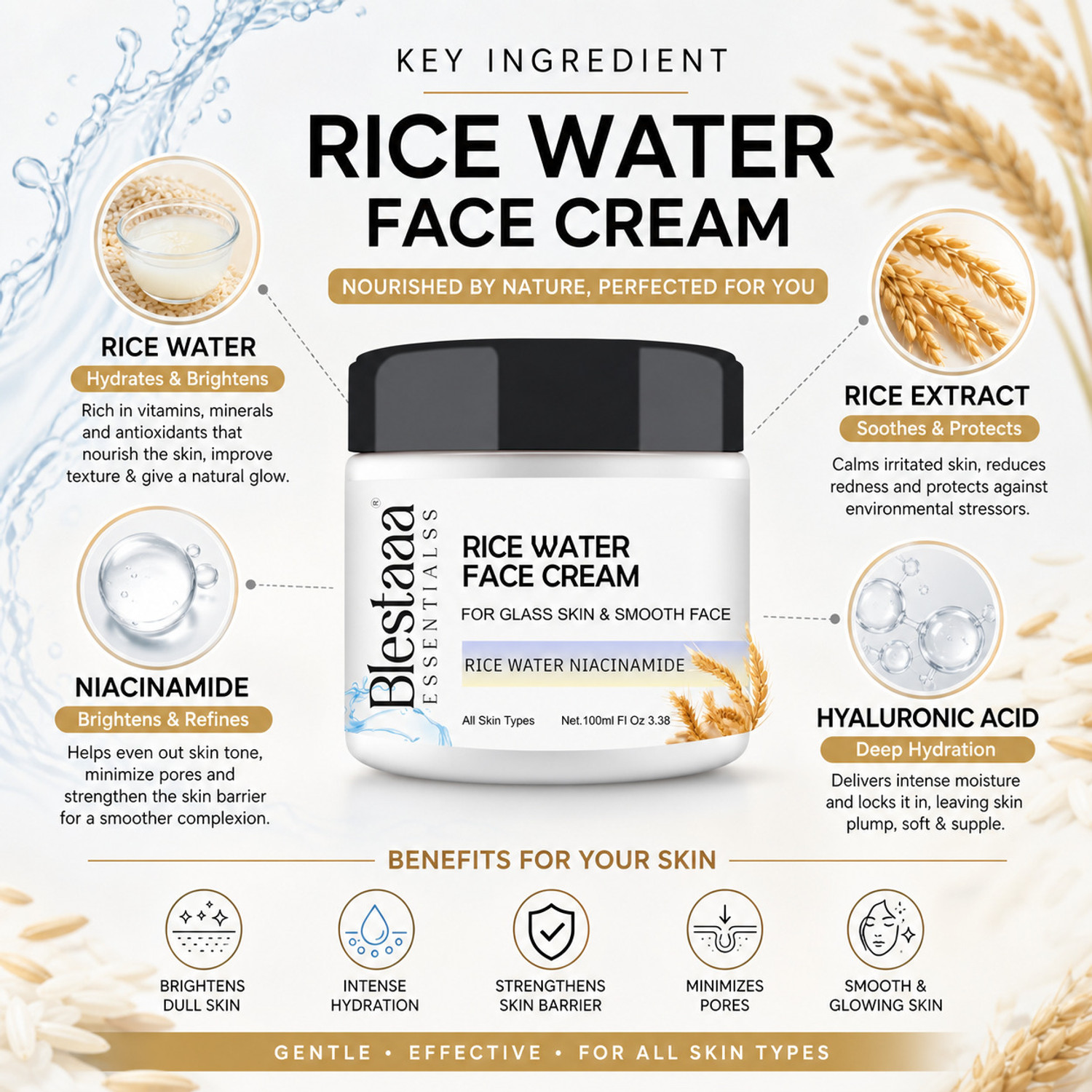Image of blestaaa essentialss Rice Water Face Cream for Skin Whitening & Brightening