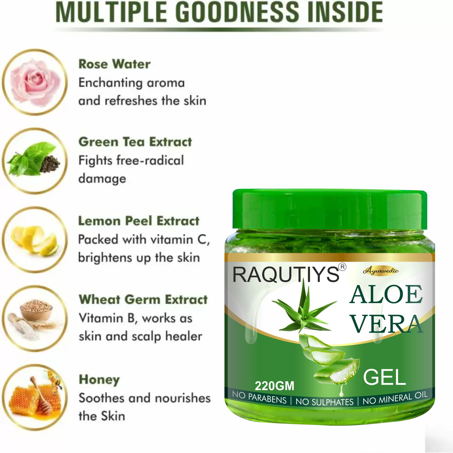 Image of RAQUITYS Pure Aloe Vera Gel ure Aloe Vera Skin Gel 220g For Face & Hair | Hydrating, Moisturizing, Soothing Skin | Multipurpose Gel