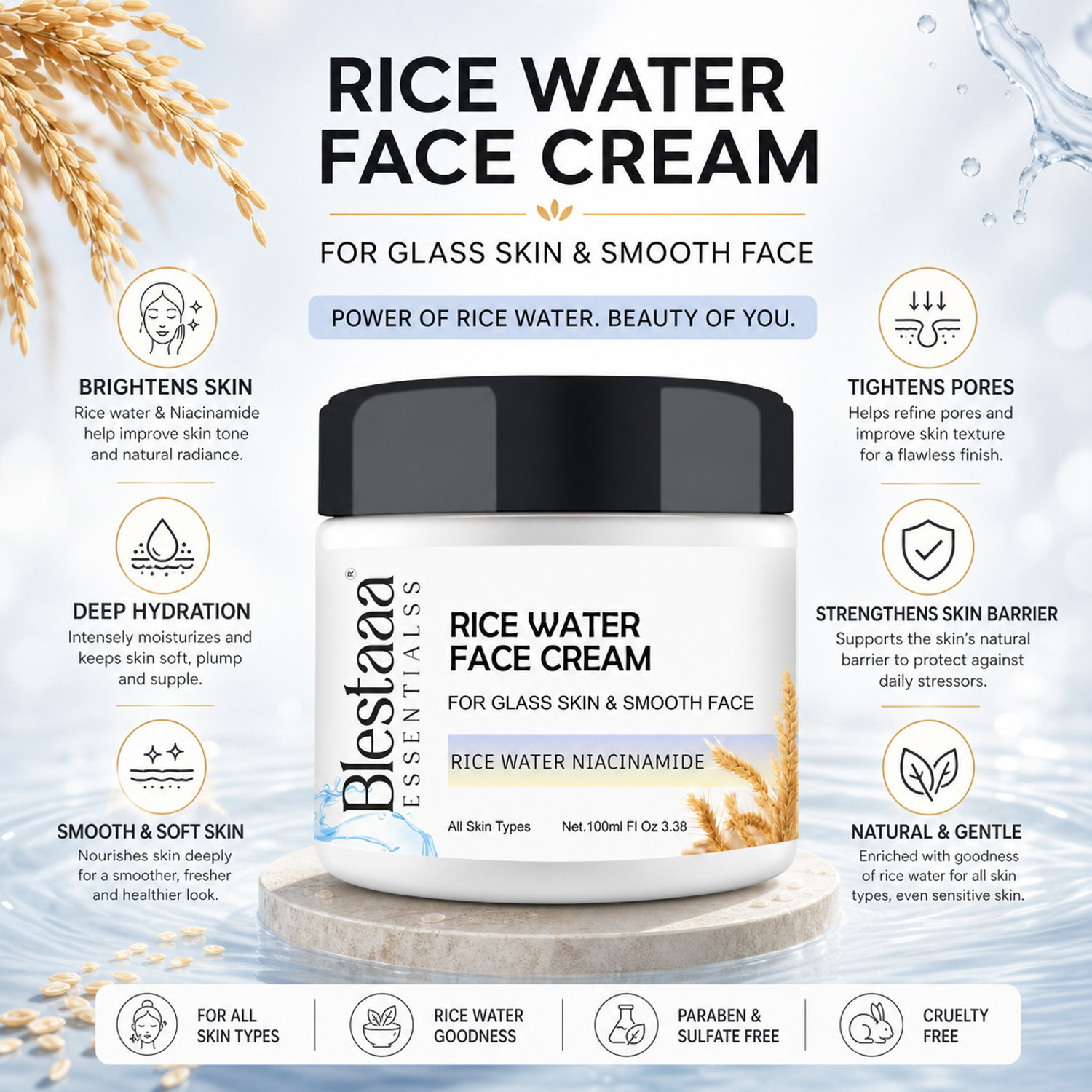Image of blestaaa essentialss Rice Water Face Cream for Skin Whitening & Brightening