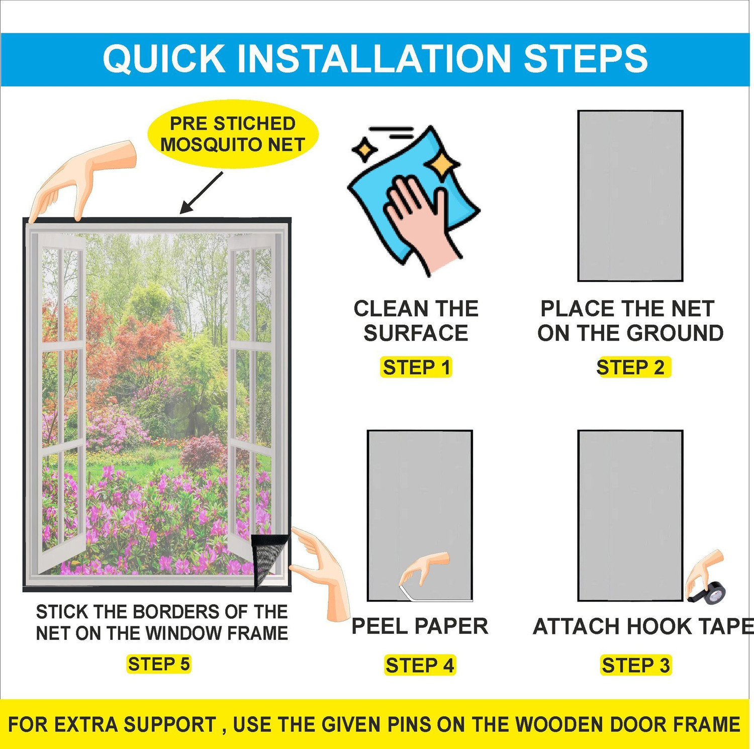 Image of Auranest Window Mosquito Net Pre Stiched with Adhesive Hook & Loop Tape Fibre Washable Adults Mosquito Net