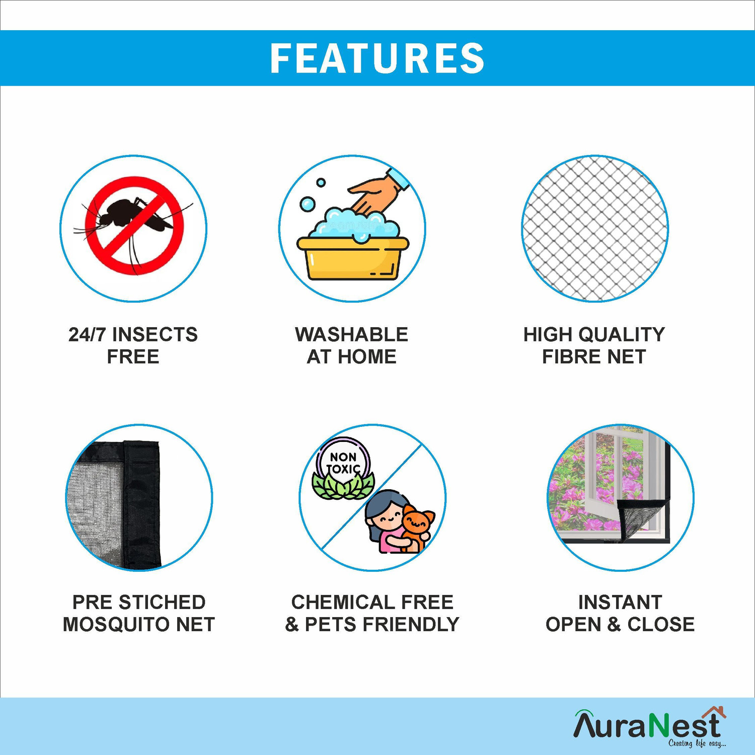 Image of Auranest Window Mosquito Net Pre Stiched with Adhesive Hook & Loop Tape Fibre Washable Adults Mosquito Net