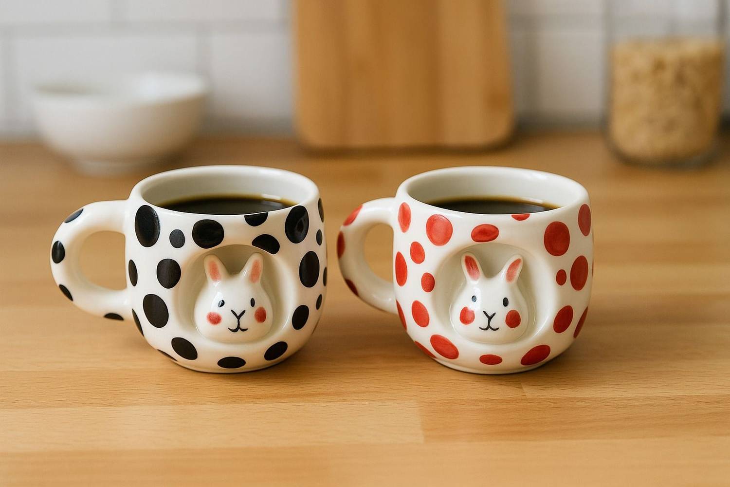ABC Cute Bunny Face Ceramics – Set of 2 | Polka Dot Design| 3D Animal Shape Ceramic Coffee Mug