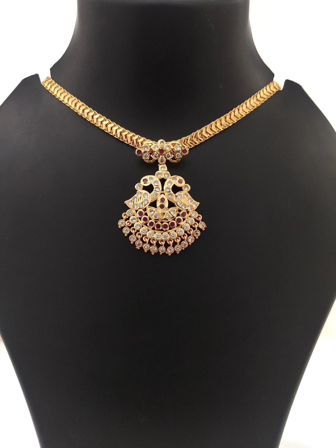 Hanaa Impon 5 Metal Attigai Necklace with Removable Peacock Pendant for Women & Girls Cubic Zirconia Gold-plated Plated Copper Necklace
