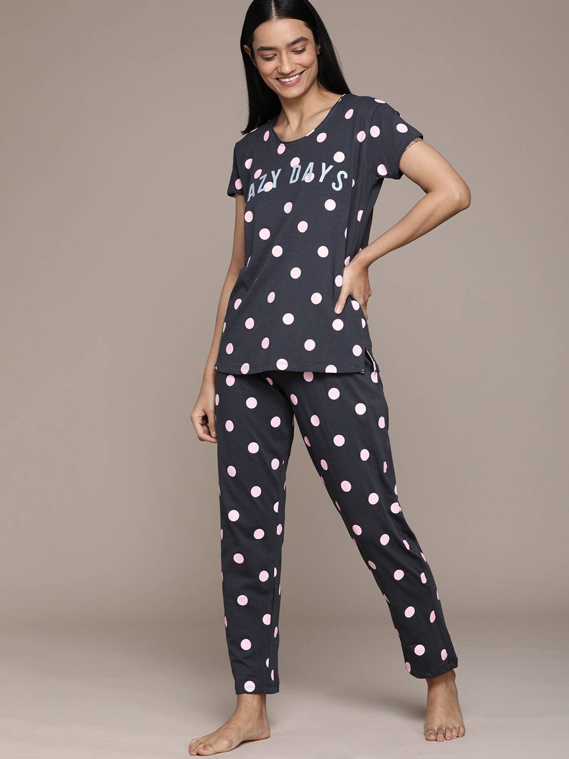 Beebelle Women Printed, Polka Print Grey Top & Pyjama Set