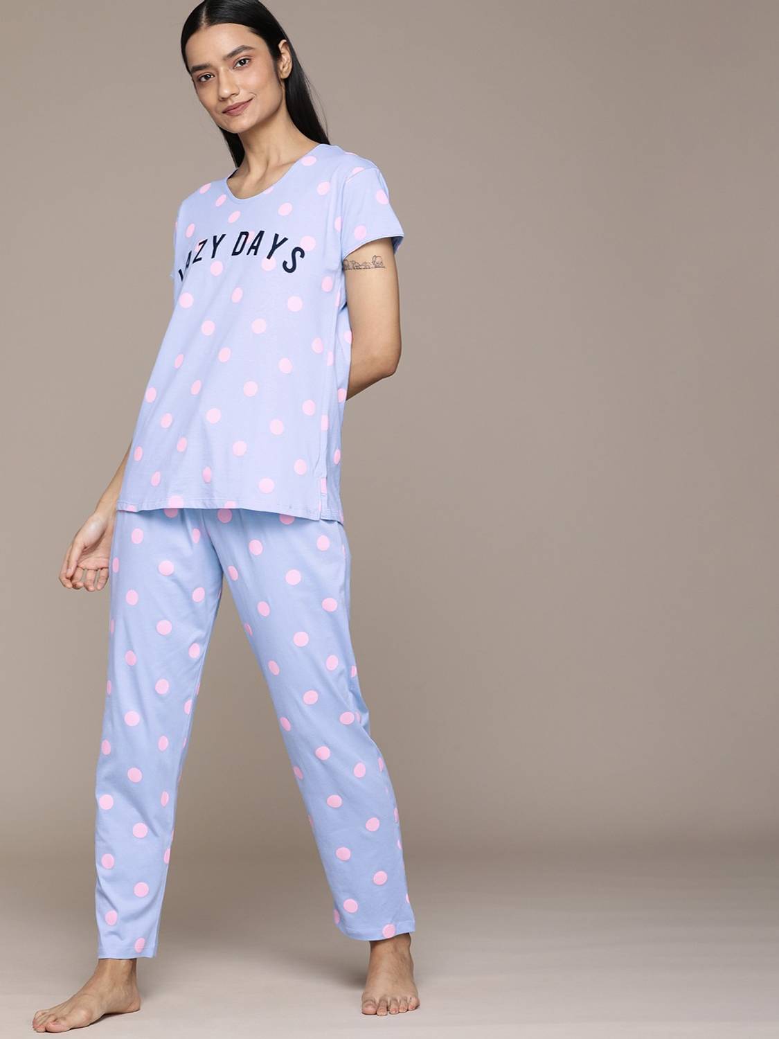 Beebelle Women Printed, Polka Print Light Blue Top & Pyjama Set