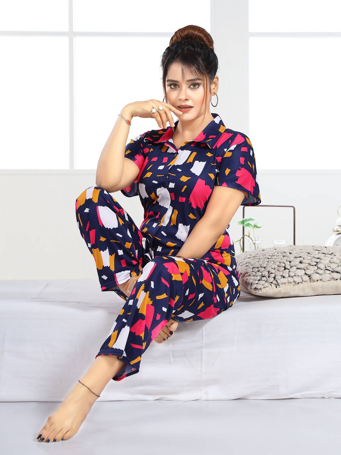 capasino Women Shirt & Pyjama set Dark Blue Printed