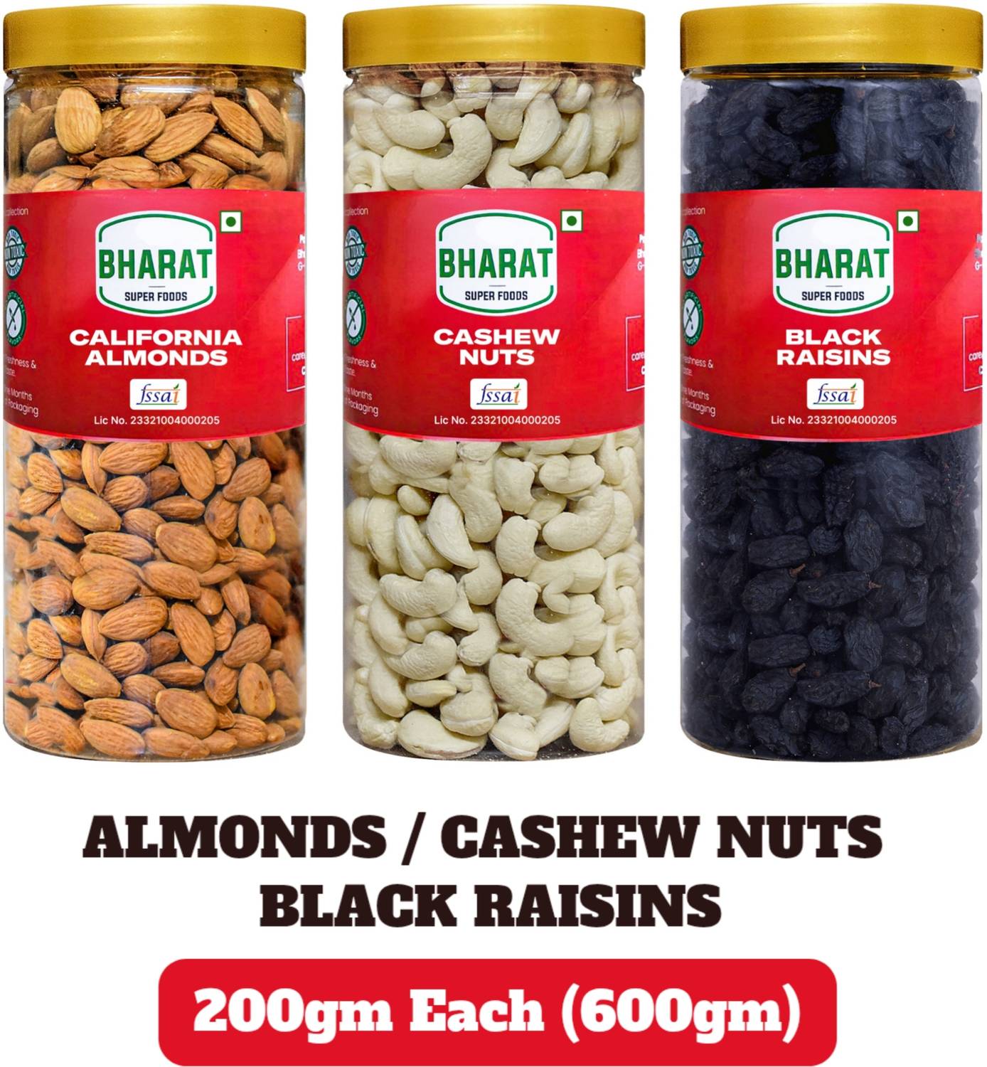 Bharat Super Foods Almonds, Cashews & Black Raisin Dry Fruits Combo Pack - 200gm Each - 600gm Cashews, Raisins, Almonds