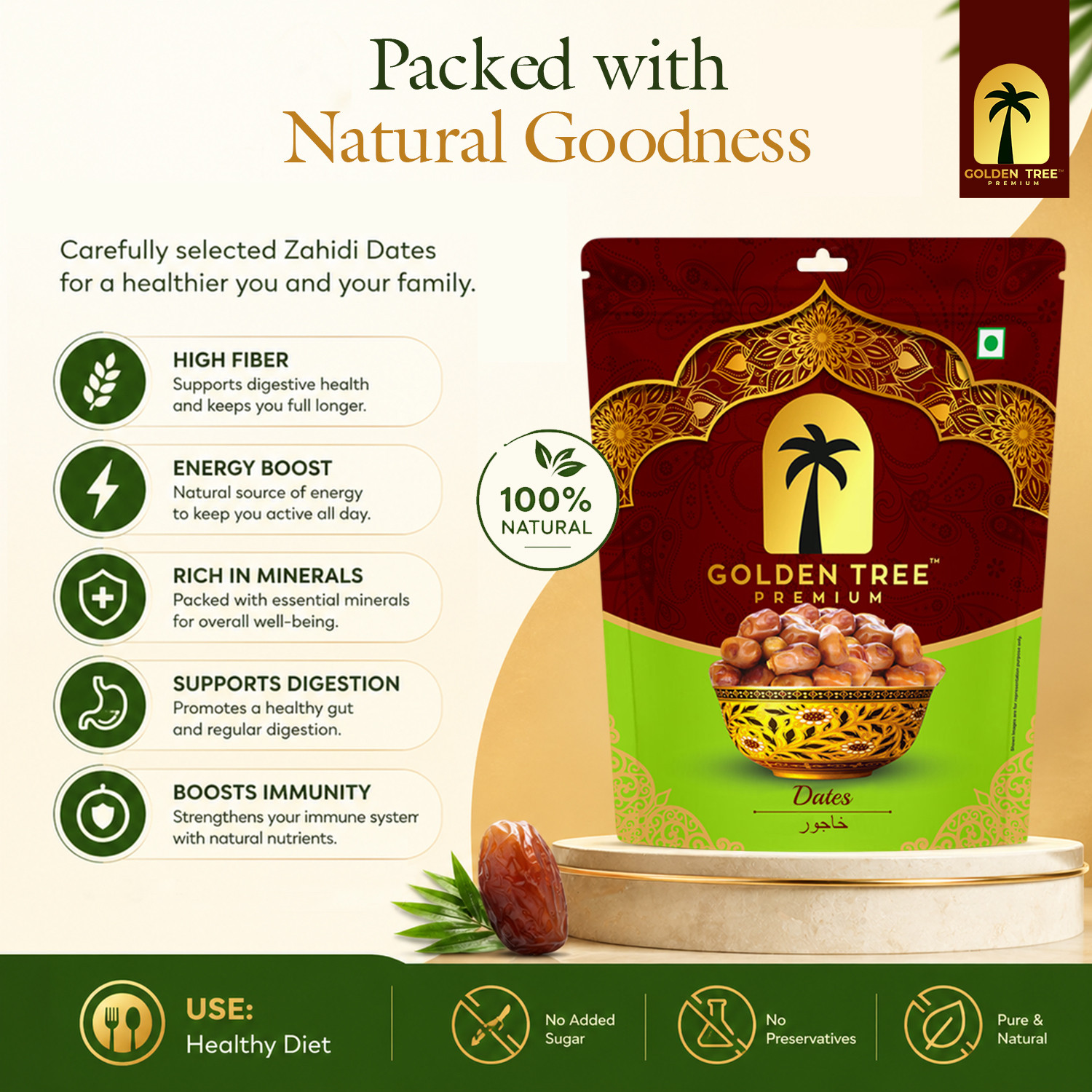 Image of Golden Tree 100% Pure & Fresh Khajoor| Deliciously Sweet| Rich in Fibre Naturally Energizing Dates