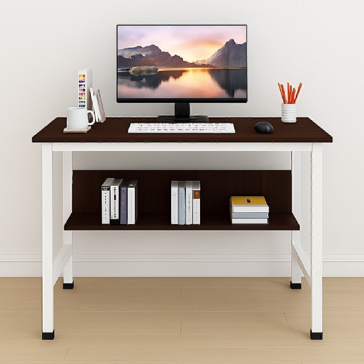 Image of House Of Akasha Study Table with Shelf Computer Workstation Desk with Shelf Gaming Concept Desk Engineered Wood Multipurpose Table