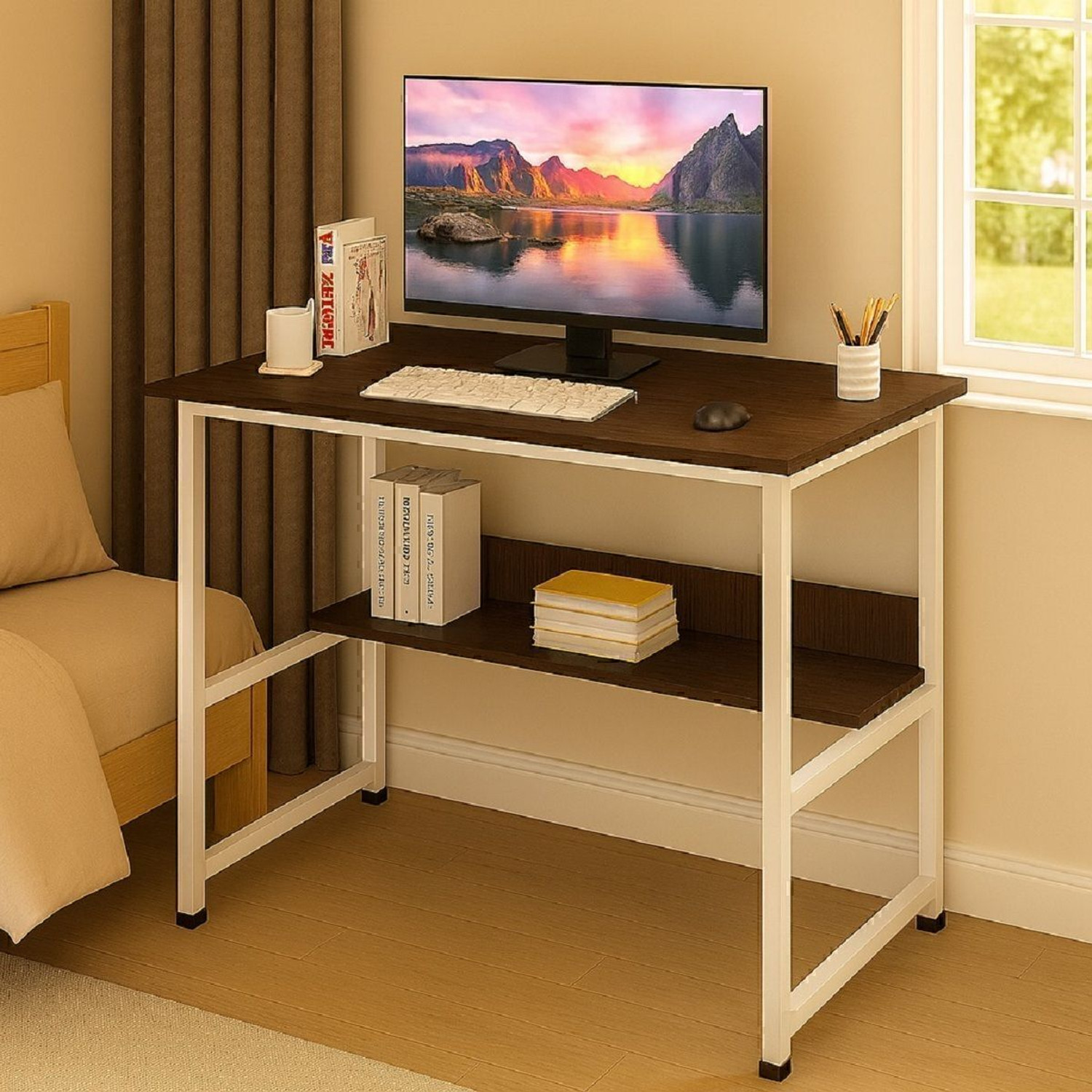 Image of House Of Akasha Study Table with Shelf Computer Workstation Desk with Shelf Gaming Concept Desk Engineered Wood Multipurpose Table