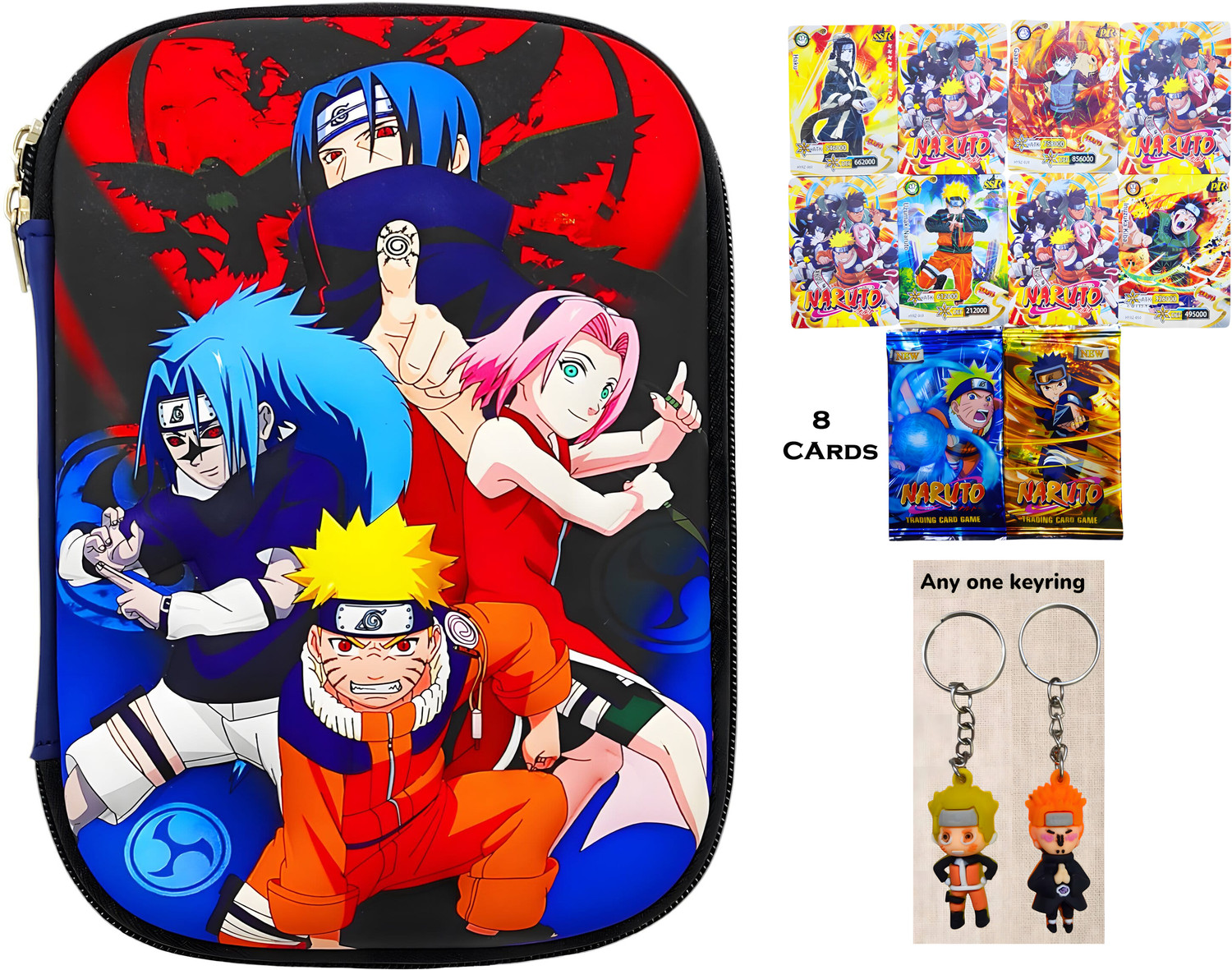 Image of poksi Naruto EVA Big Pencil Box with 8 Naruto Trading Cards & 1 Keyring - Anime Statio nery Gift Set for Kids Art EVA Pencil Box