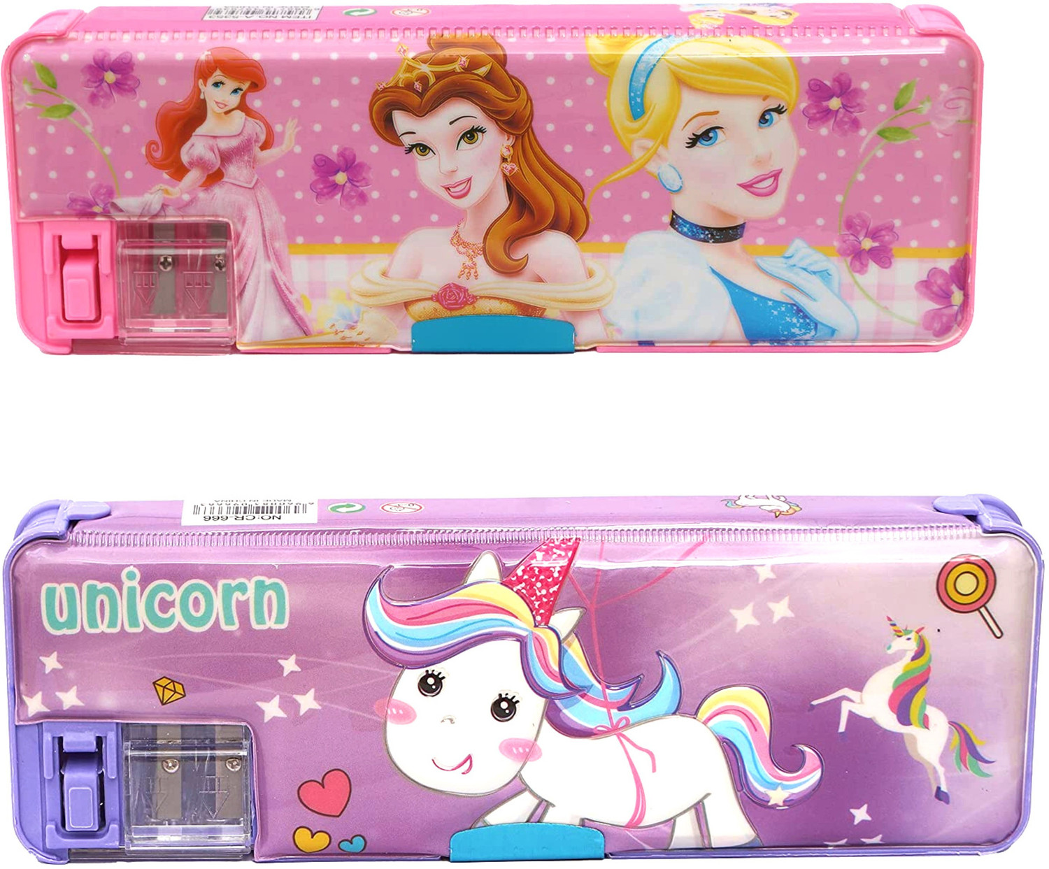 Image of Sloies Cartoon Printed Double Sided pencil box with Sharpener for kids princess, SpiderMan, Doraemon Art Plastic Pencil Boxes