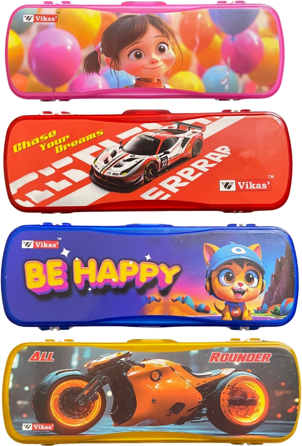 Image of Vikas Cartoon Princess, Red Race car, Be happy, All Rounder Art Plastic Pencil Boxes