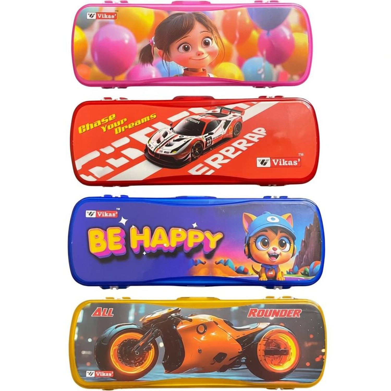 Image of Vikas Cartoon Princess, Red Race car, Be happy, All Rounder Art Plastic Pencil Boxes