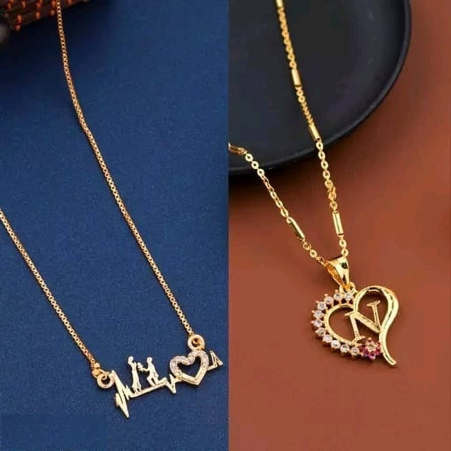 VESTURE KNOT Heart Shape Alphabet Letter Chain Locket & Propose Ventilator Love Chain Pendal Gold-plated Diamond Alloy Pendant Set