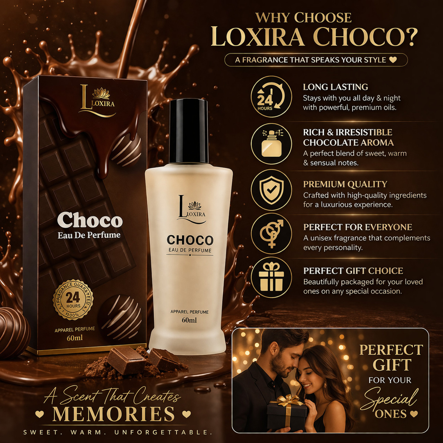 Image of Loxira Choco Eau De Perfume 60ml | Long Lasting Chocolate Fragrance for Men & Women Eau de Parfum - 60 ml