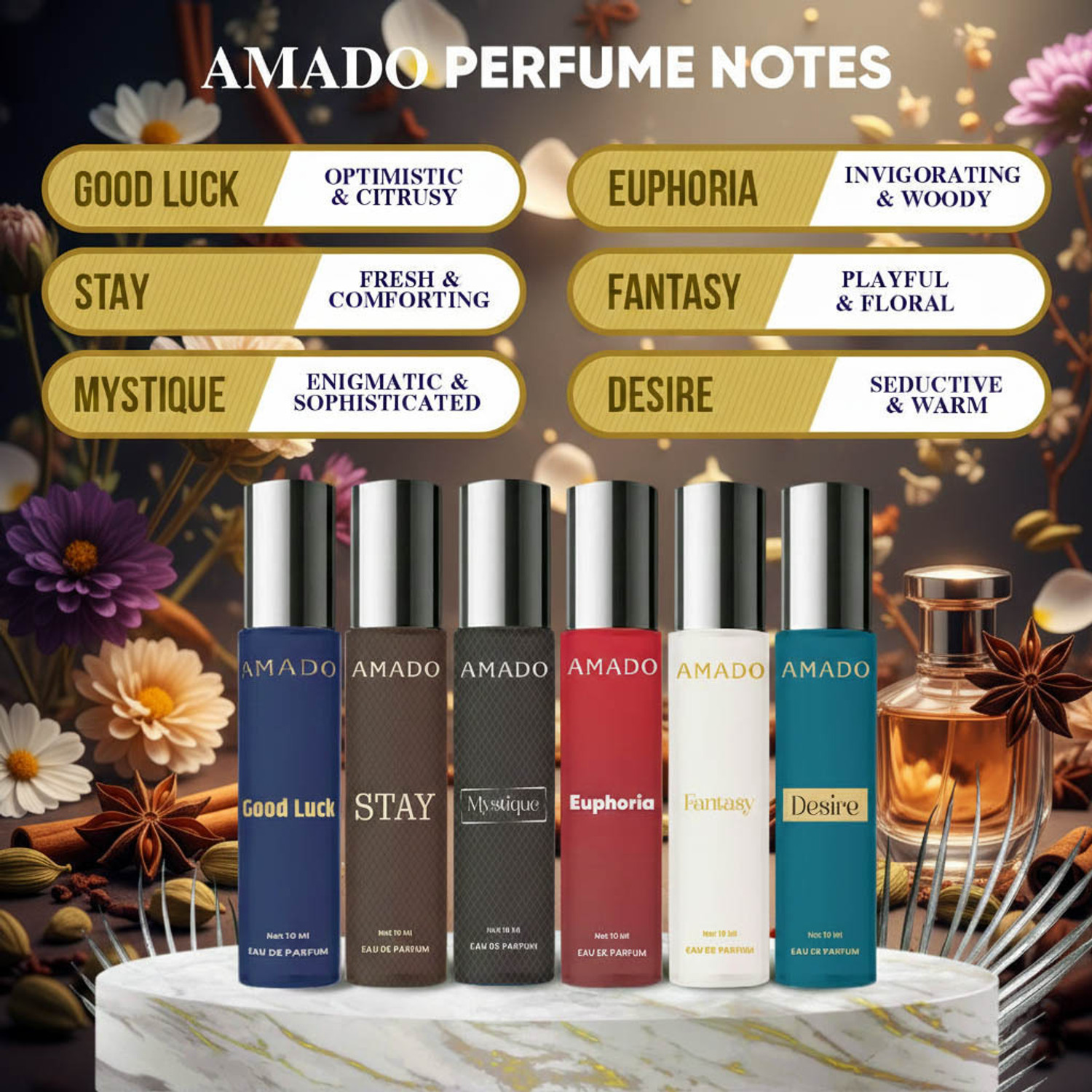 Image of Amado Gift Pack of 6 Perfumes - 10ml Each | Perfect for Men & Women Eau de Parfum - 60 ml