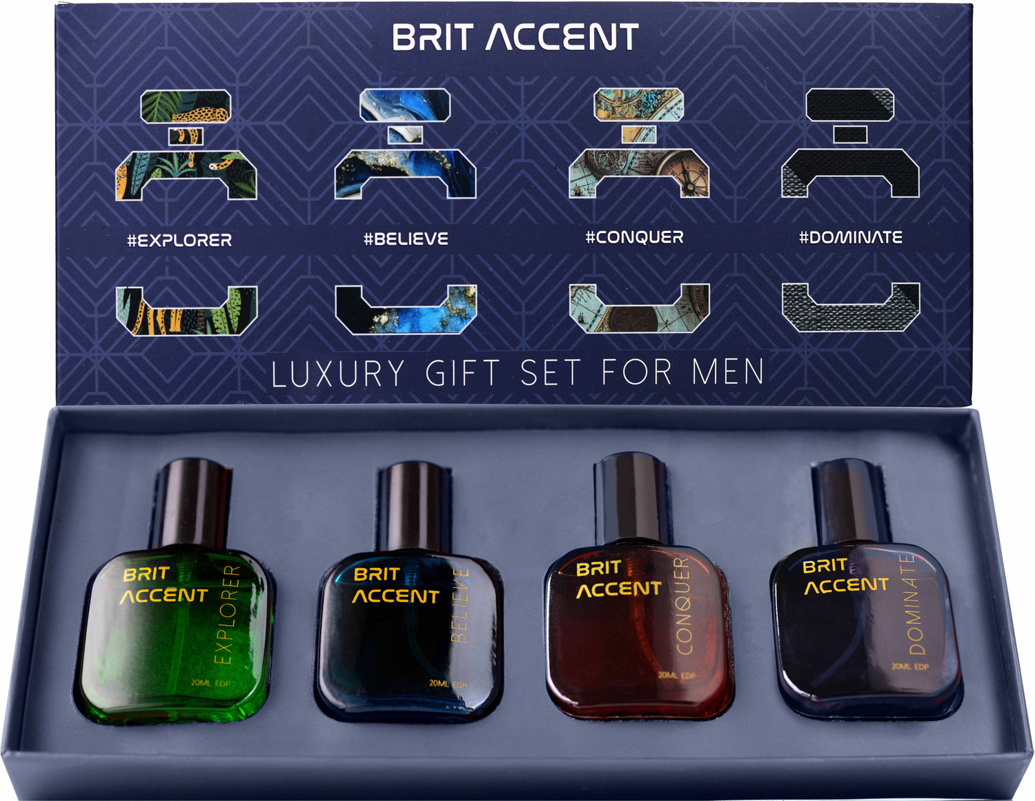 Image of BRIT ACCENT Men's Luxury Parfum Gift Set|4 x 20ml EDP|Believe, Conquer, Dominate, Explorer| Eau de Parfum - 80 ml