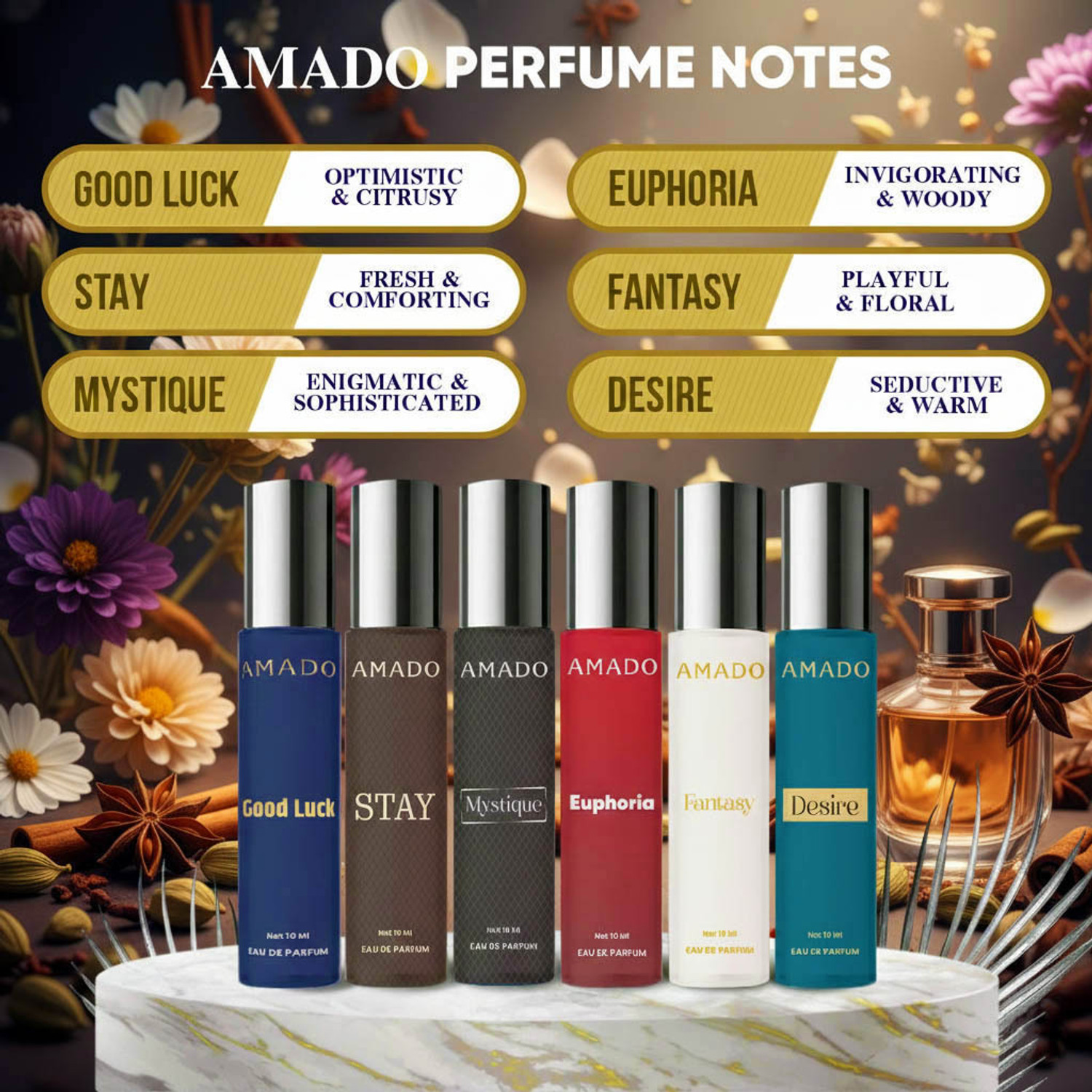 Image of Amado Unique Perfume Collection - Pack of 6 x 10ml | Ideal Gift Set Eau de Parfum - 60 ml
