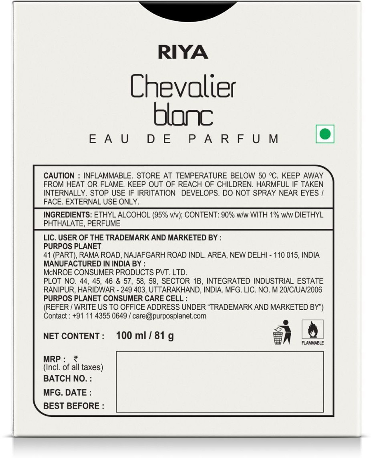 Image of RIYA Chevalier Blanc Perfume | Fresh Spicy Fragrance Eau de Parfum - 100 ml