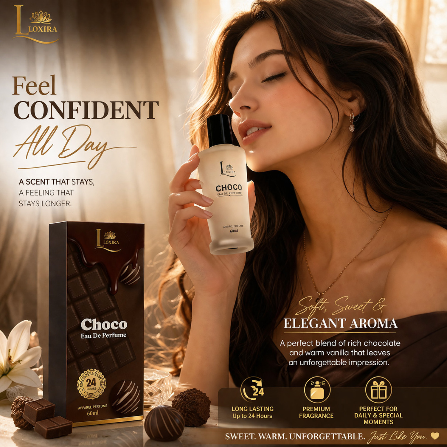 Image of Loxira Choco Eau De Perfume 60ml | Long Lasting Chocolate Fragrance for Men & Women Eau de Parfum - 60 ml