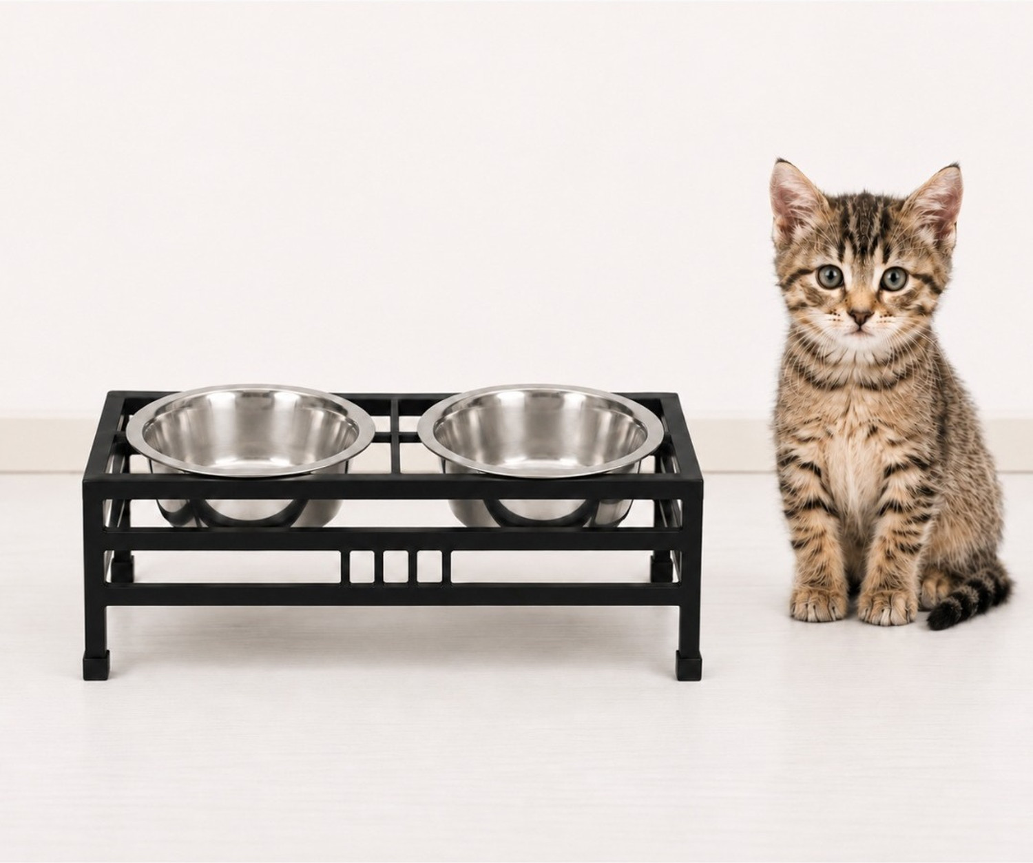 Image of ARK WOOD ART Elevated Iron Pet Feeder with Double Stainless Steel Bowls for cats Iron Pet Bowl