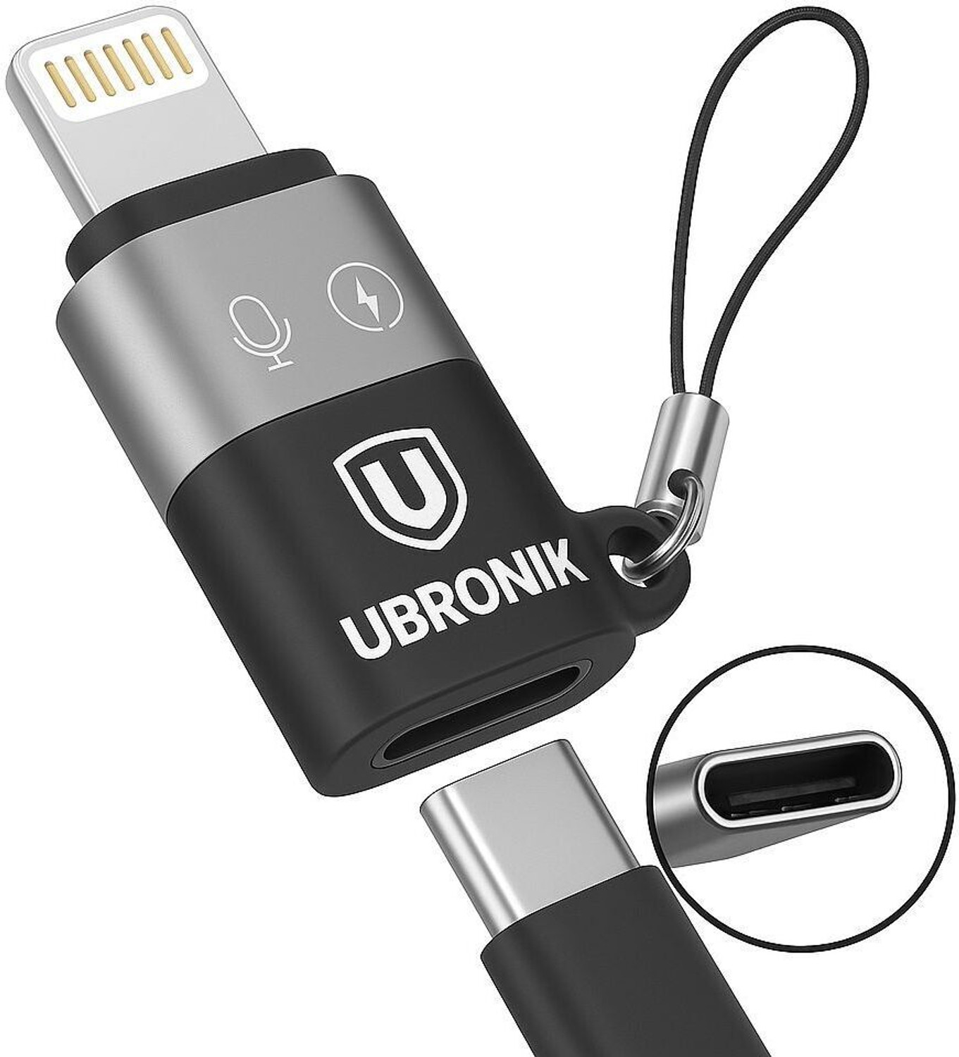 Image of UBRONIK Grey Type-C to Lightning Mic Adapter for iPhone | OTG Audio Recording Converter Phone Converter
