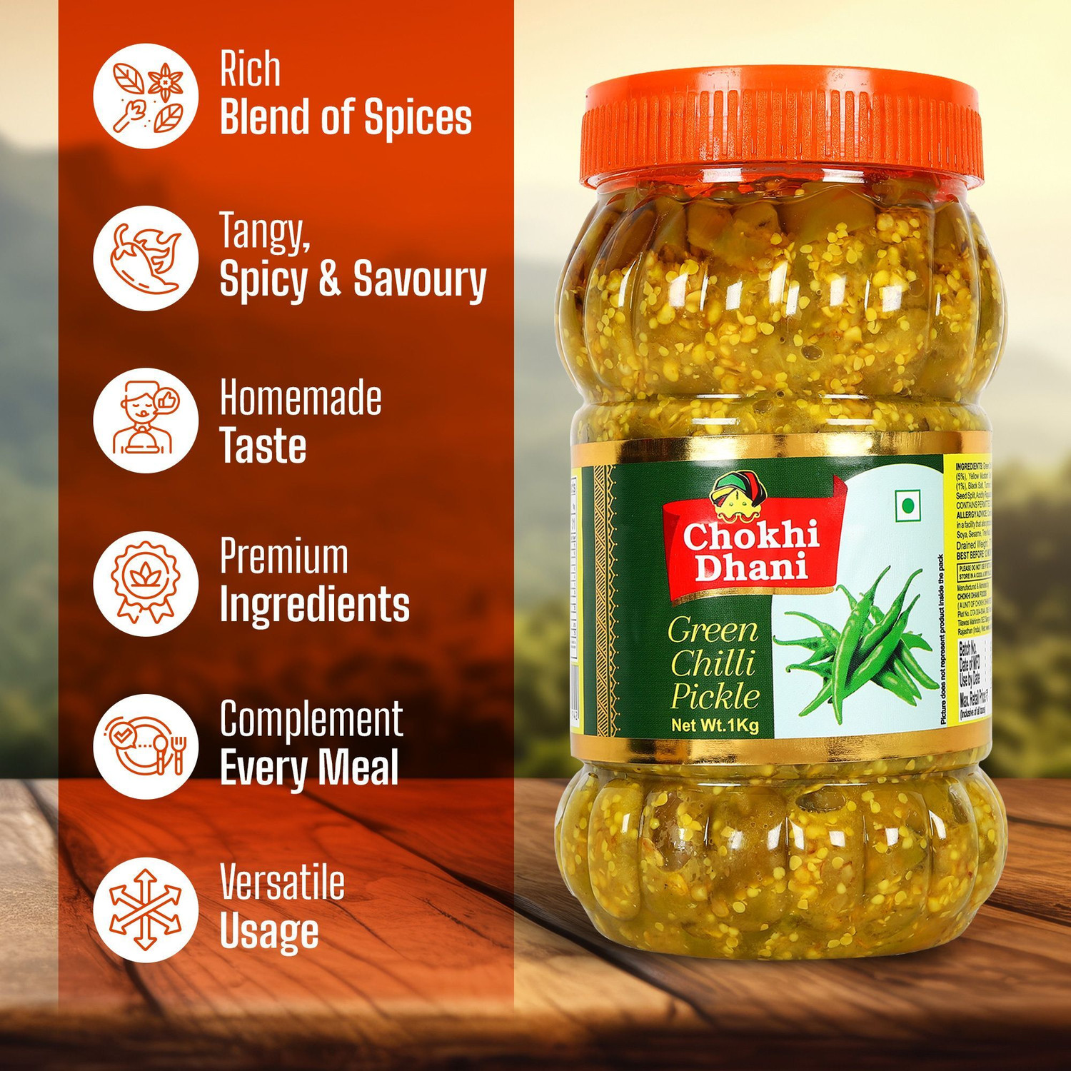 Image of Chokhi Dhani Foods Hari Mirchi Ka Achar 1 kg Green Chilli Pickle