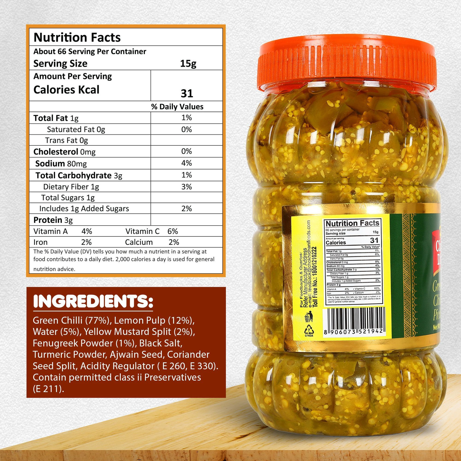 Image of Chokhi Dhani Foods Hari Mirchi Ka Achar 1 kg Green Chilli Pickle