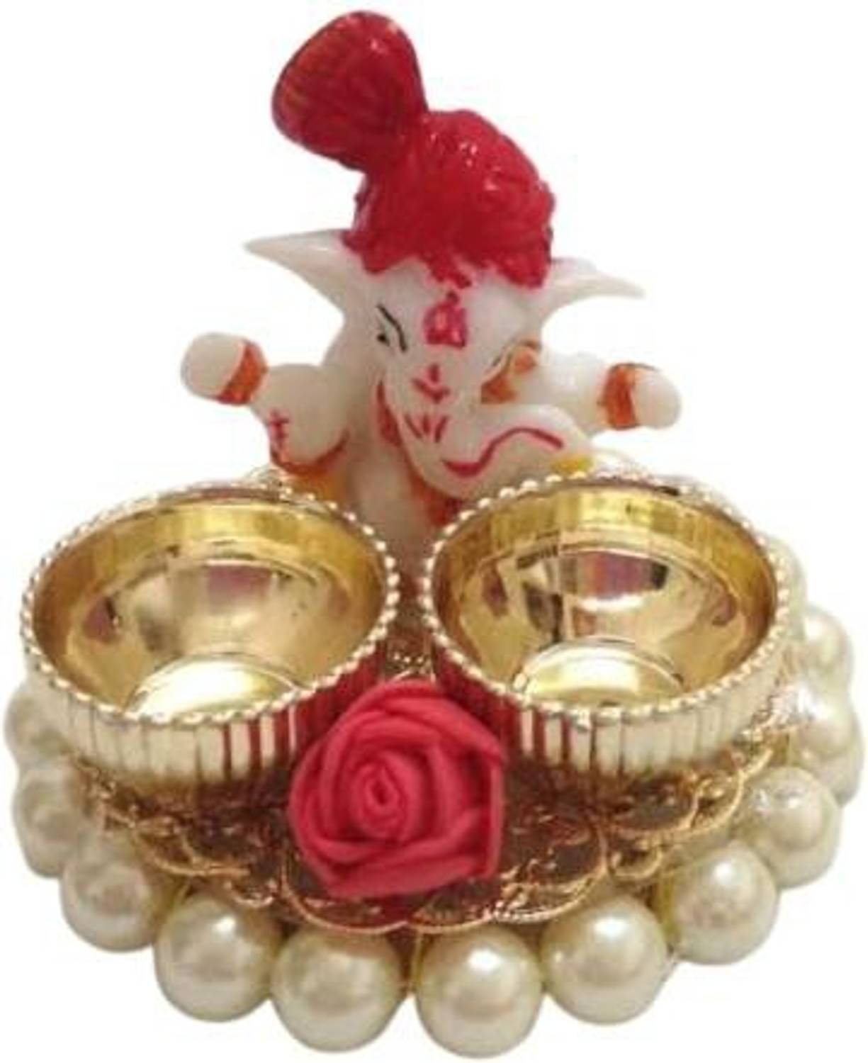 Aashirwad Creations Beautiful Artificial Rose Flower Diya Rangoli Ganpati Haldi kum kum set Gold Plated