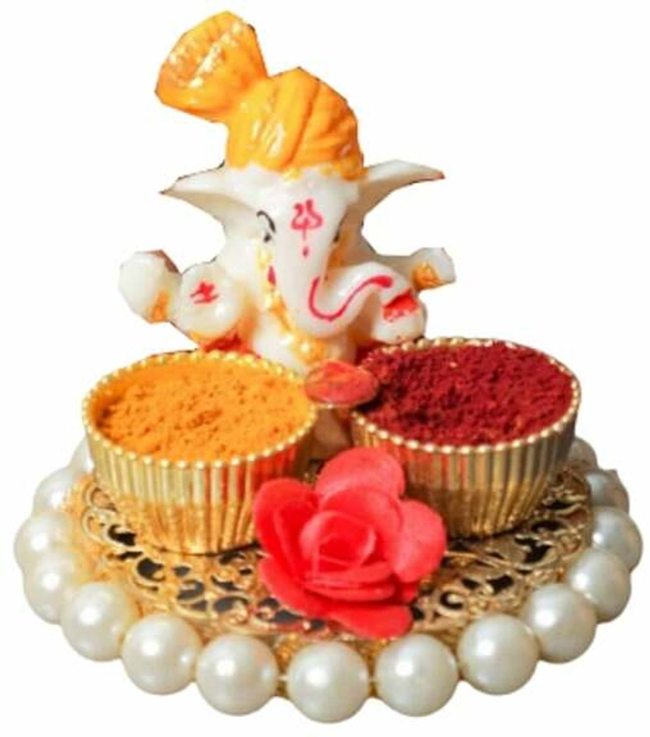 Aashirwad Creations Ganpati Haldi Kumkum Stand for Temple/Rakhi/Home/Return Gift Pooja Thali Set Gold Plated