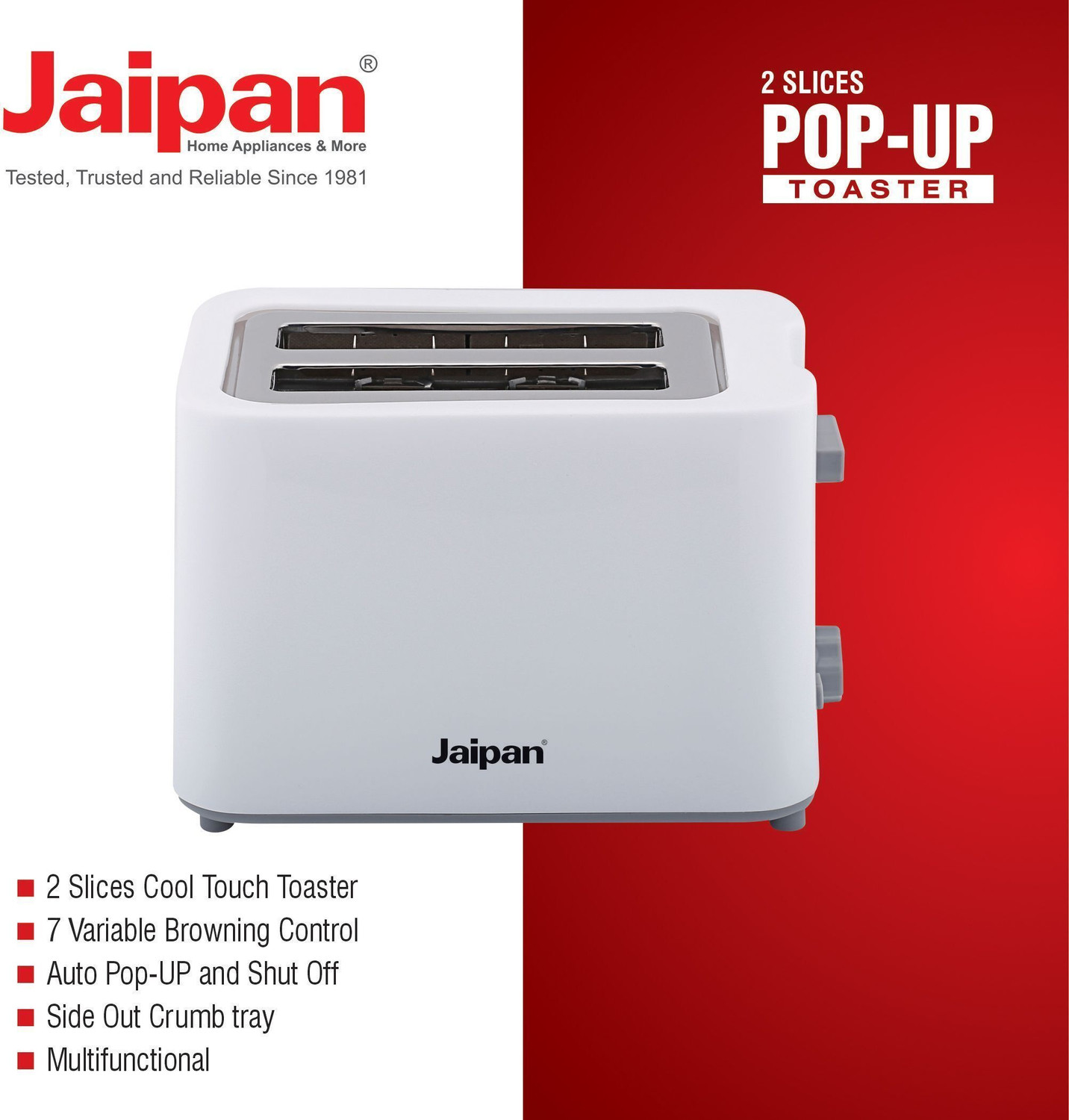 Image of Jaipan Pop-Up Electric Toaster 2 Slices 700 W Pop Up Toaster