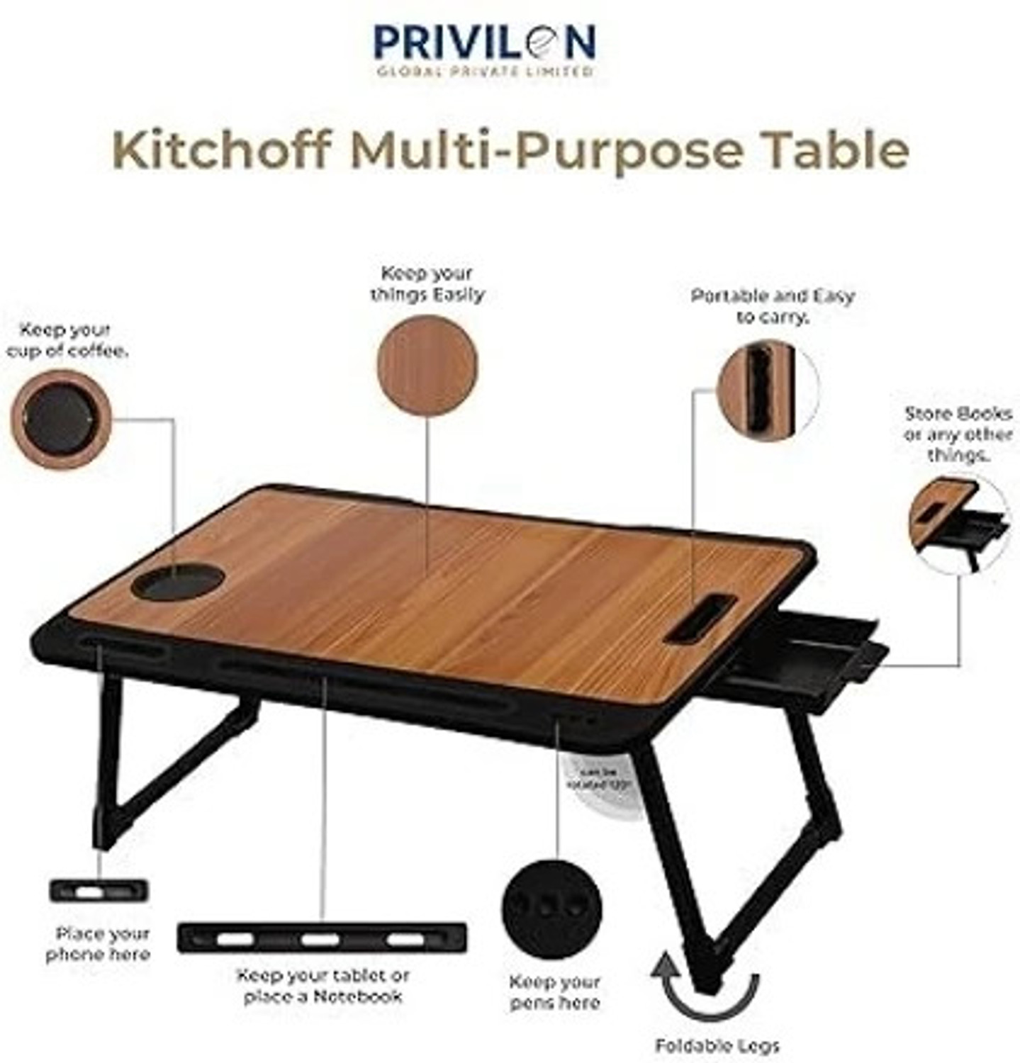 Image of MAKD MULTIPURPOSE FOLDABLE WITH CUP HOLDER , STUDY & LAPTOP TABLE Wood Portable Laptop Table