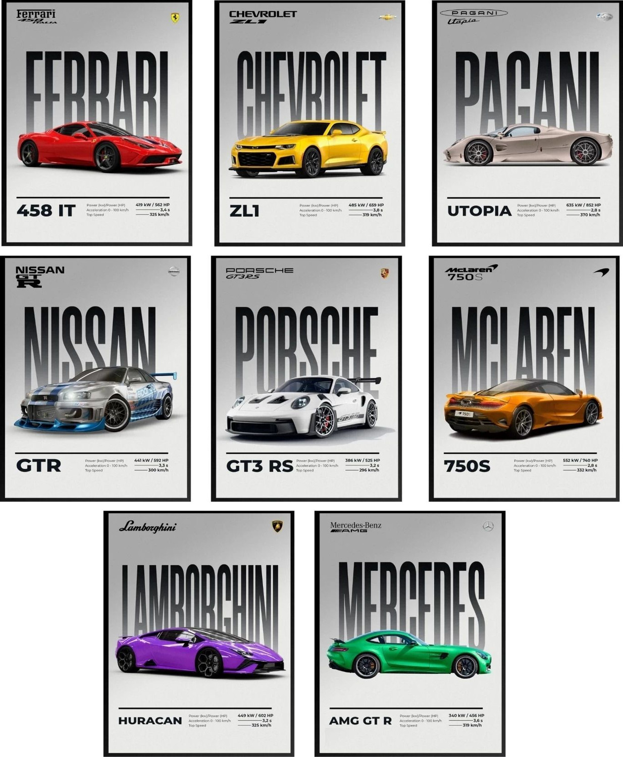 Image of Car Posters Set of 8 A4 Size - Car posters for wall Boys room - Super car poster - Porsche poster, BMW poster - Car wallpaper - Gifting ideas for men boys - Cars gift - Car Wall Art - Car stickers for wall Photographic Paper (12 inch X 8 inch) Photographic Paper