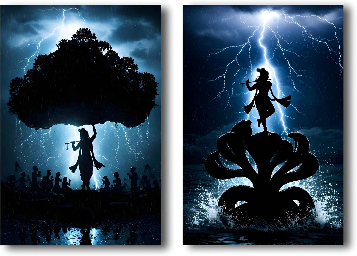 FrameHouse Shree Krishna Dancing Lightning Poster Set – 12x18 Inches | Govardhan & Kaliya Mardan Silhouette Wall Art | Divine Hindu Spiritual Prints for Home, Office & Temple Decor Photographic Paper