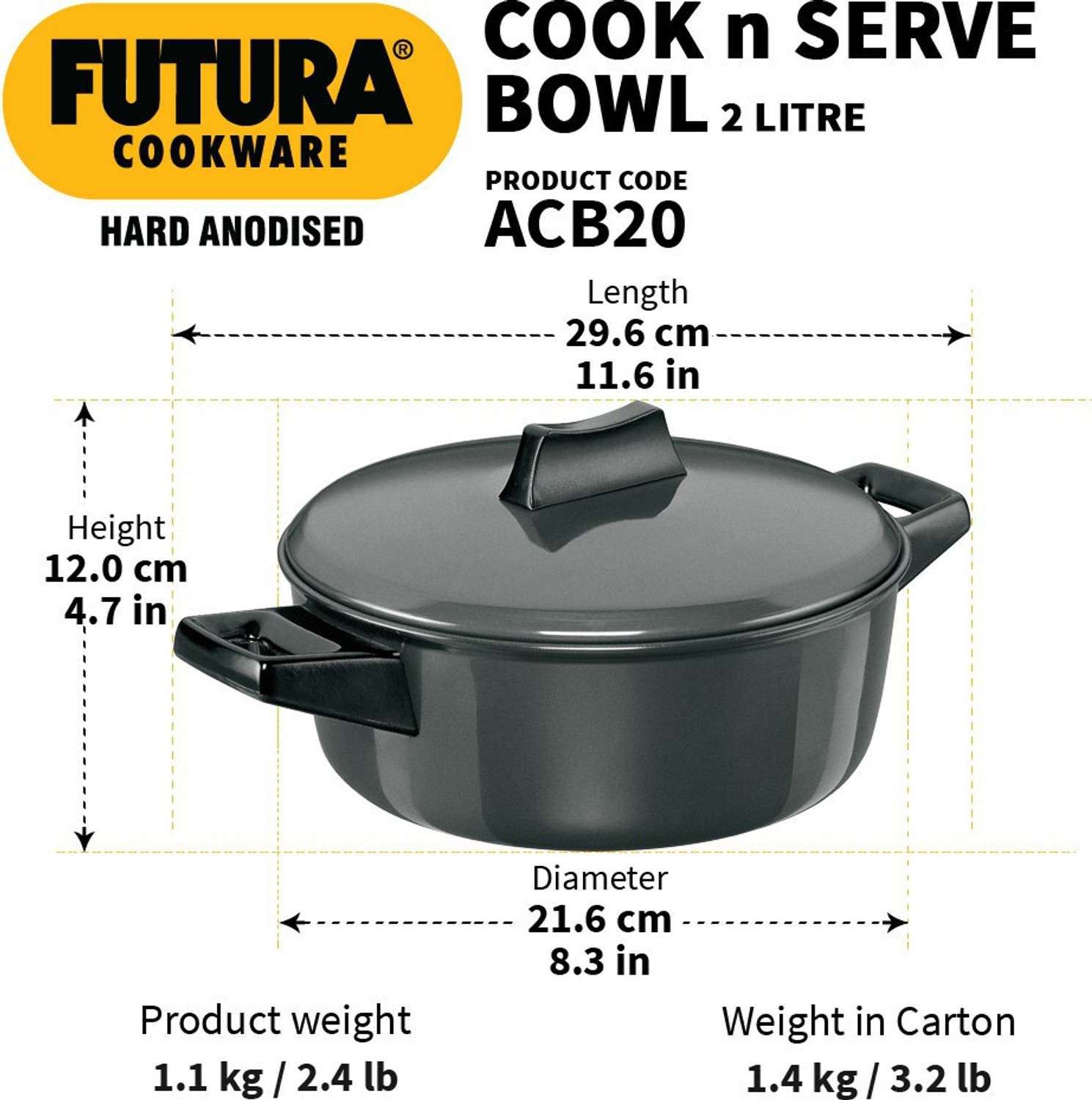 Image of Hawkins Cook n Serve Bowl (ACB20) Sauce Pan 20 cm diameter with Lid 2 L capacity