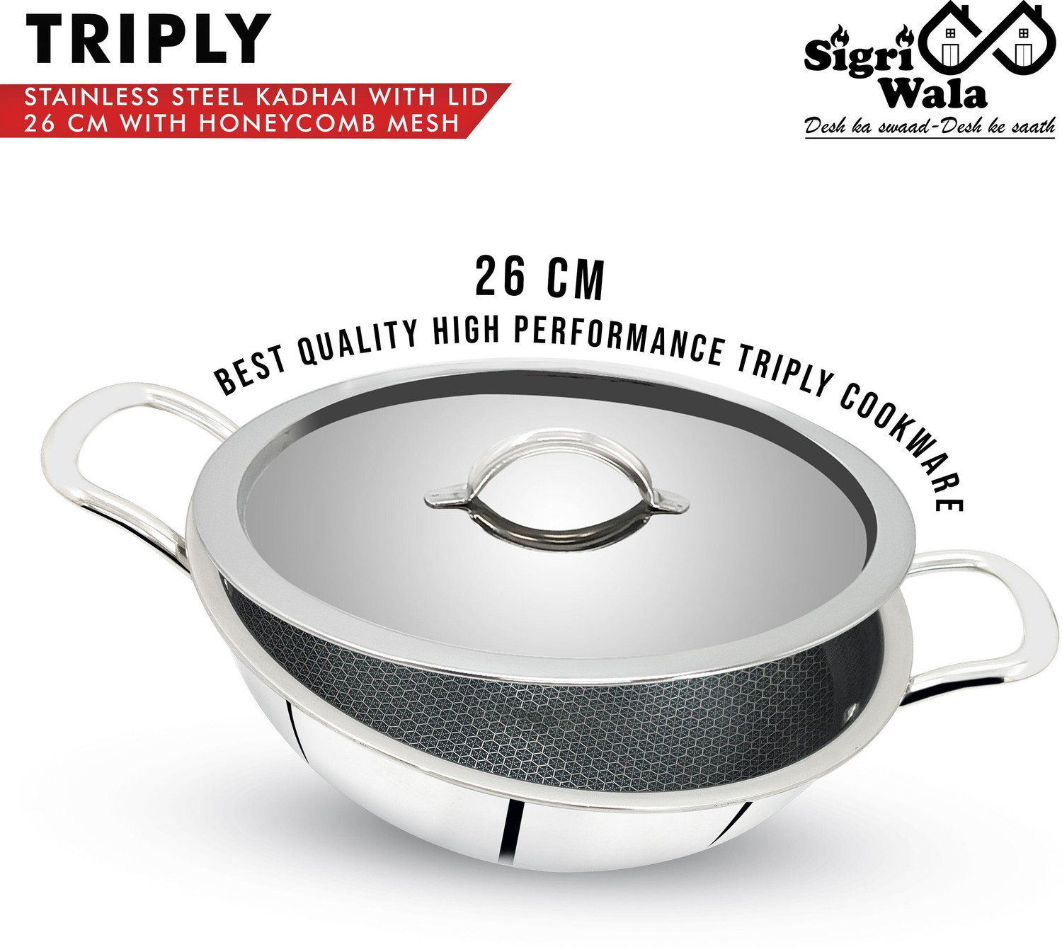 Image of Sigri-wala Cook Healthy Honey Combmesh With SSLID- Kadhai 26 cm diameter with Lid 3.3 L capacity