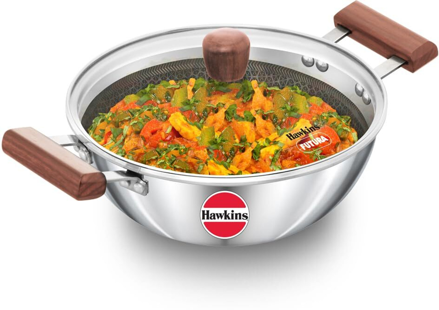Image of Hawkins Deep Kadhai, Triply Nonstick Deep-Fry Pan with Handle, Honeycomb Kadai Kadhai 22 cm diameter with Lid 2.5 L capacity (Triply, Non-stick, Induction Bottom)